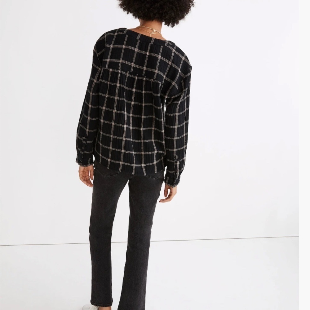Madewell Lightspun Evert Pullover Top in Windowpane Plaid True Black Size Small - Picture 2 of 9